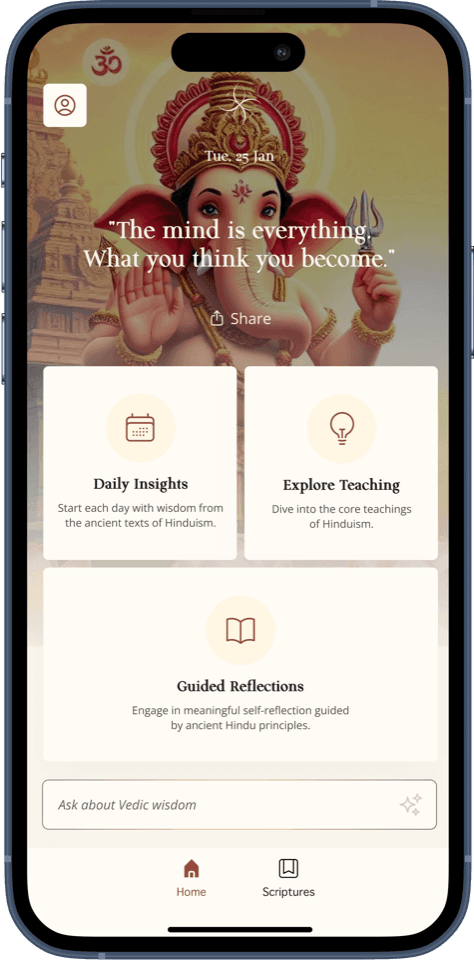 Vedas AI app showing daily Hindu wisdom insights on iPhone